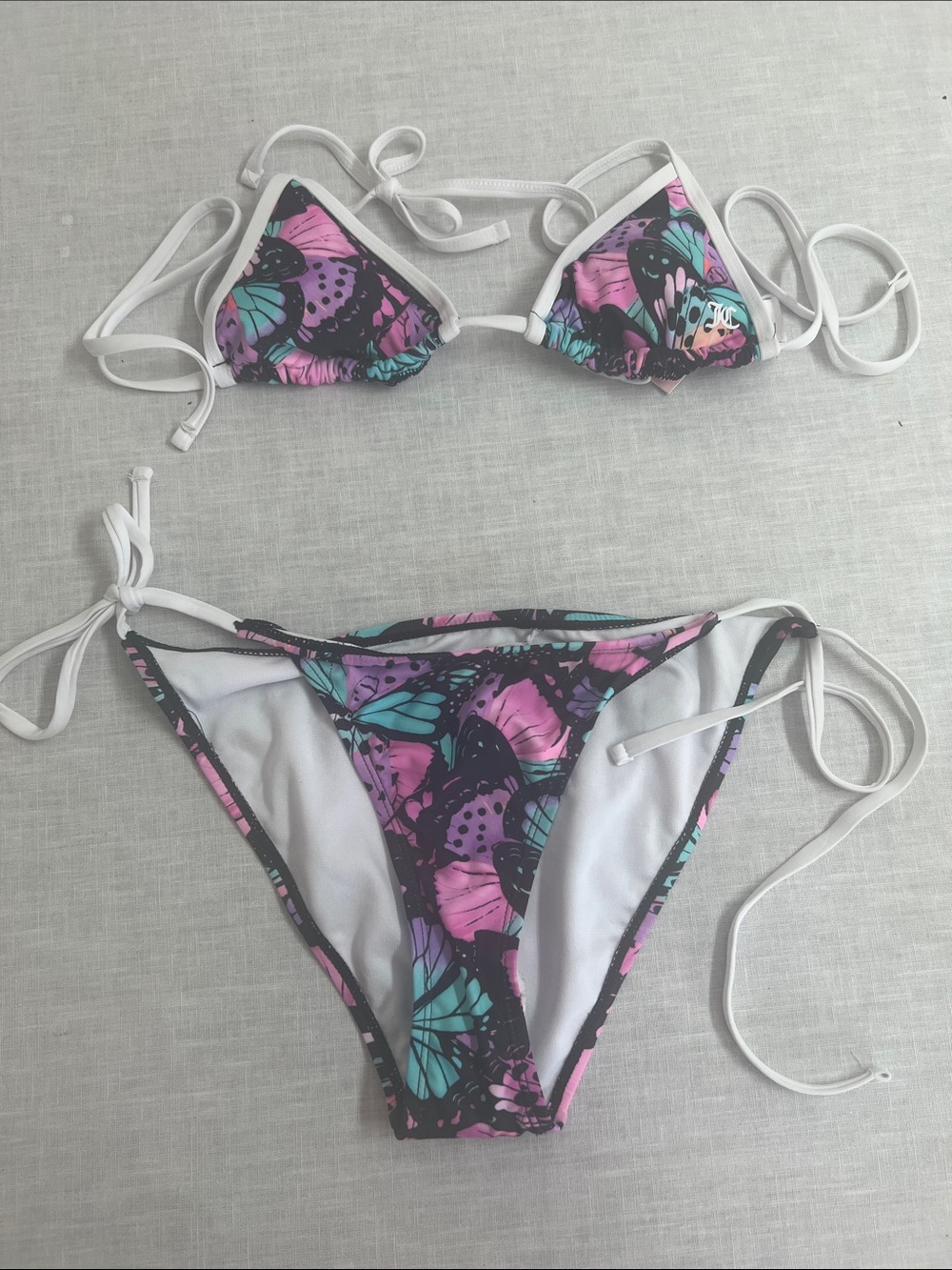 🌞 Juicy Couture Butterfly Triangle String Bikini in Purple Teal & Black women XS